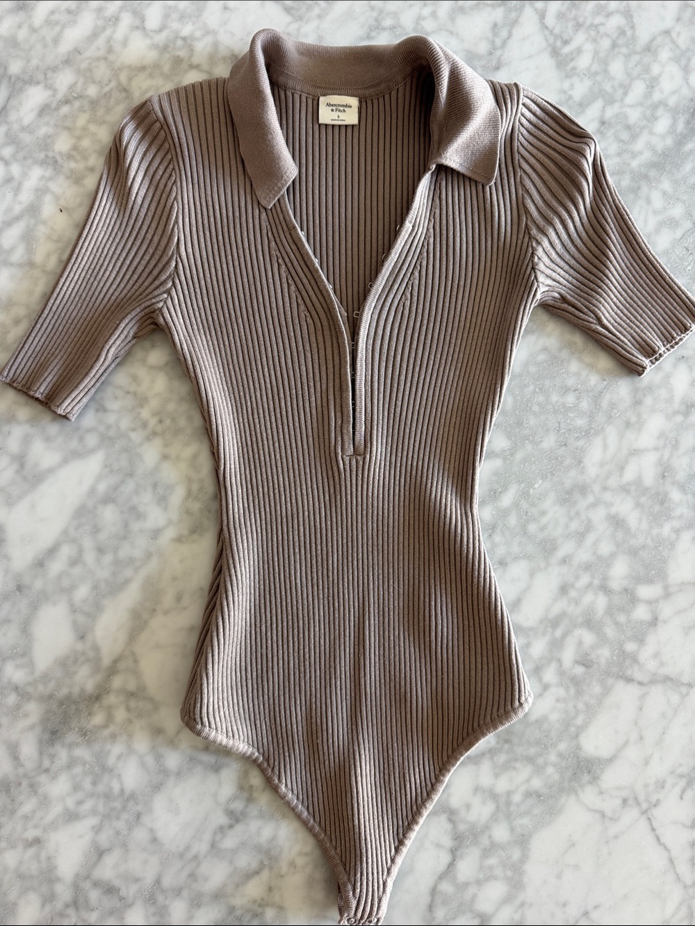 Abercrombie & Fitch Ribbed Polo-Style Bodysuit in Taupe